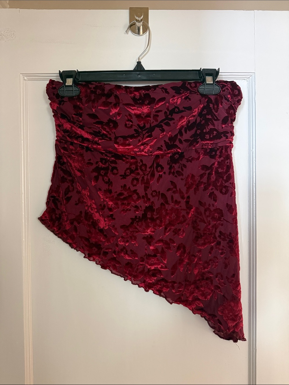 Asymmetrical Velvet Burnout strapless top - Wine